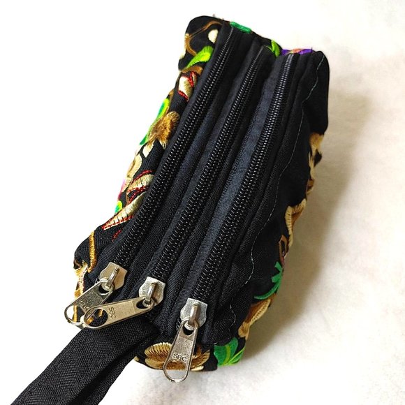 Embroidered Floral Fabric Wristlet Pouch Black Pink 3-Layer Zipper Wallet Lined - Picture 5 of 11